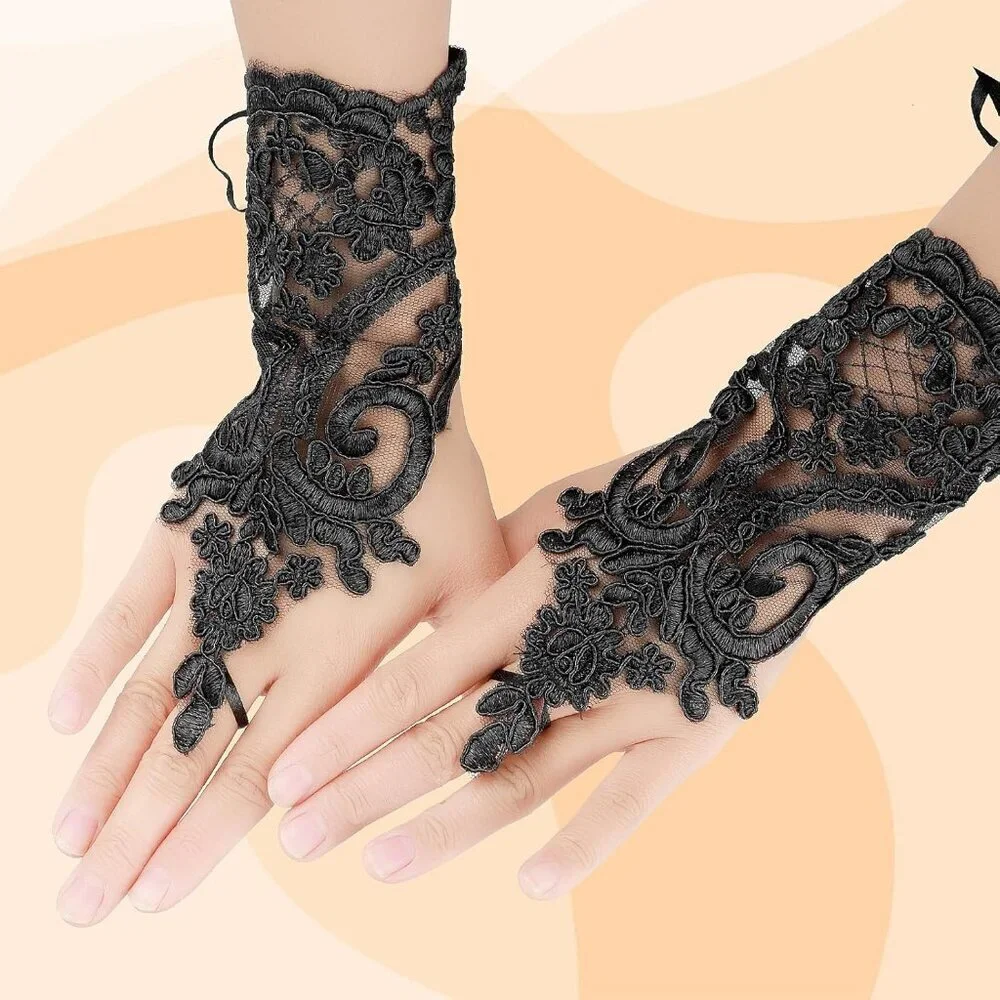 Women's Embroidered Evening Black Short Lace Gloves Halloween Party Prom
